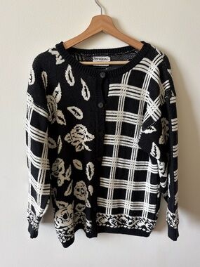 Vintage Black and White Floral Plaid Cardigan